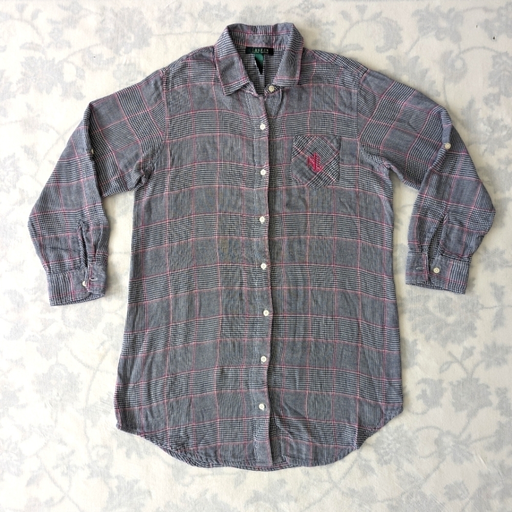 Lauren Ralph Lauren blue and pink plaid cotton shirt tunic women's size Medium